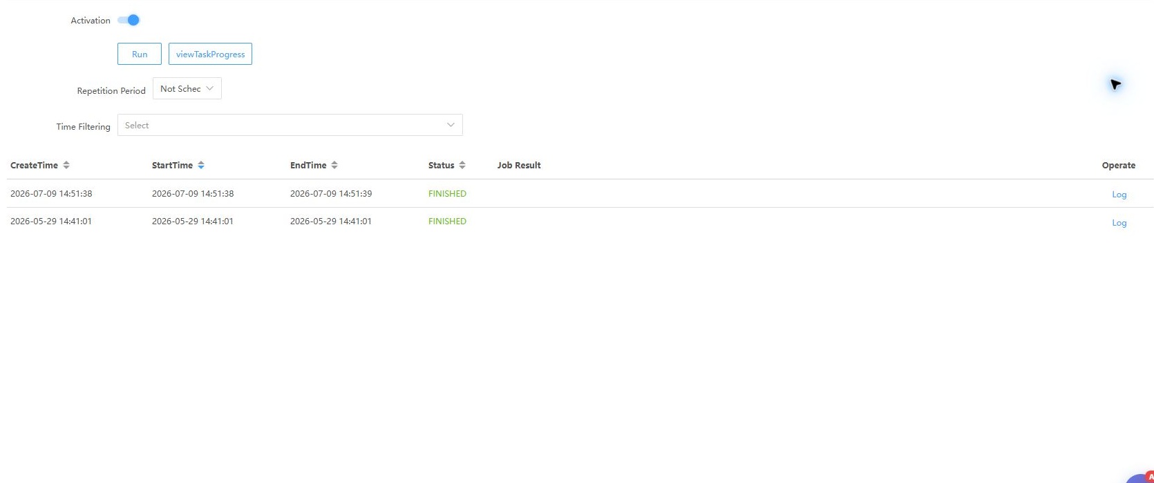 Validation schedule, time templates, and run history