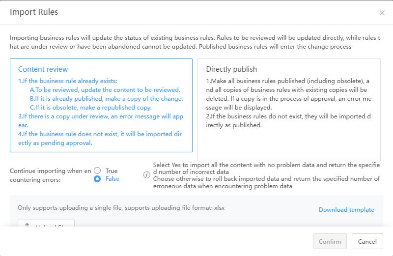 Business rule import options