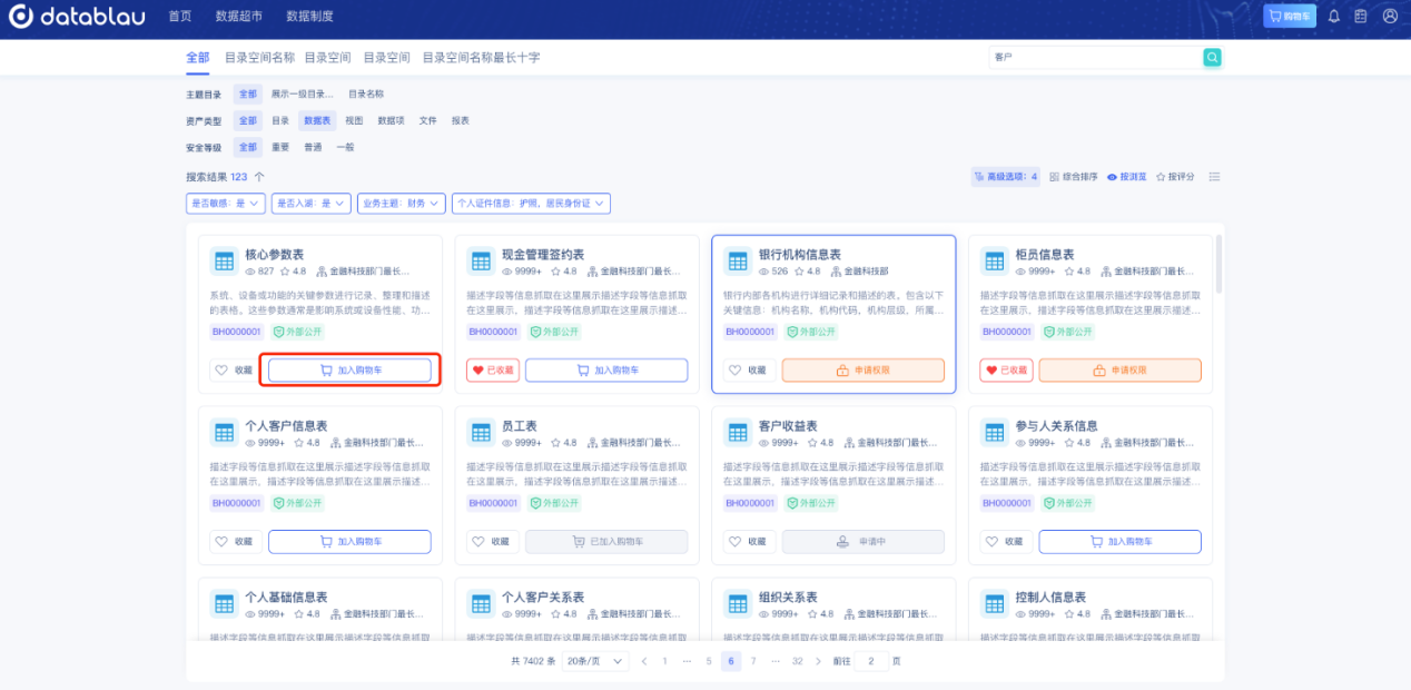 数据超市资产卡片与加入购物车入口